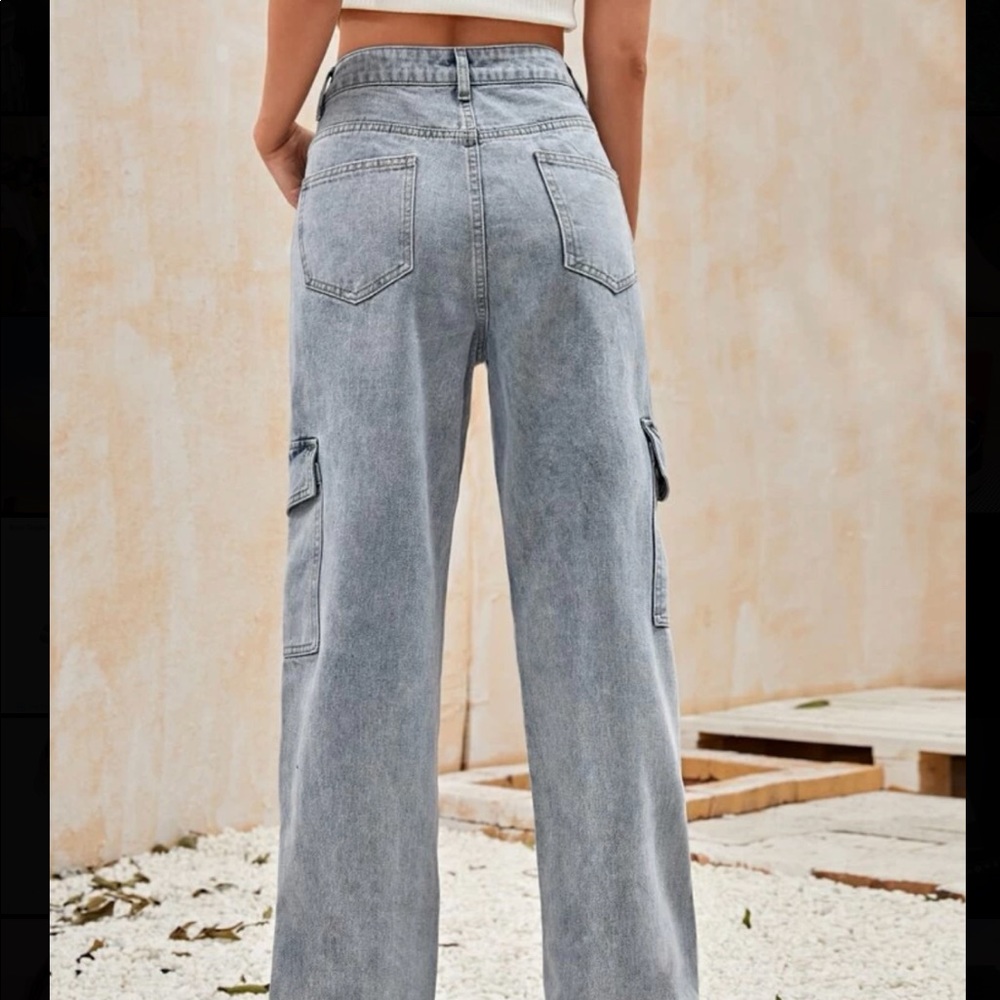 High waisted flap pocket side baggy jeans